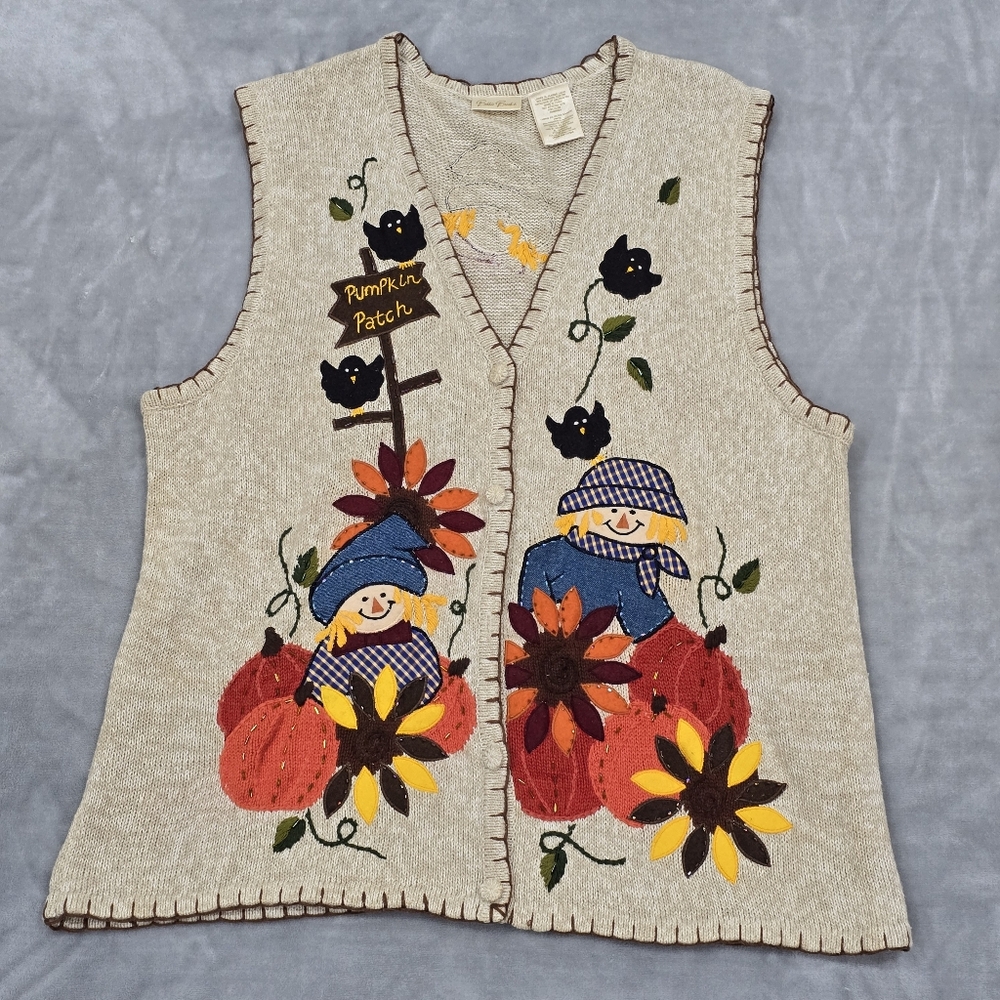 Vintage Bobbie Brooks Fall Sweater Vest Pumpkin Patch Scarecrow Black Birds XL